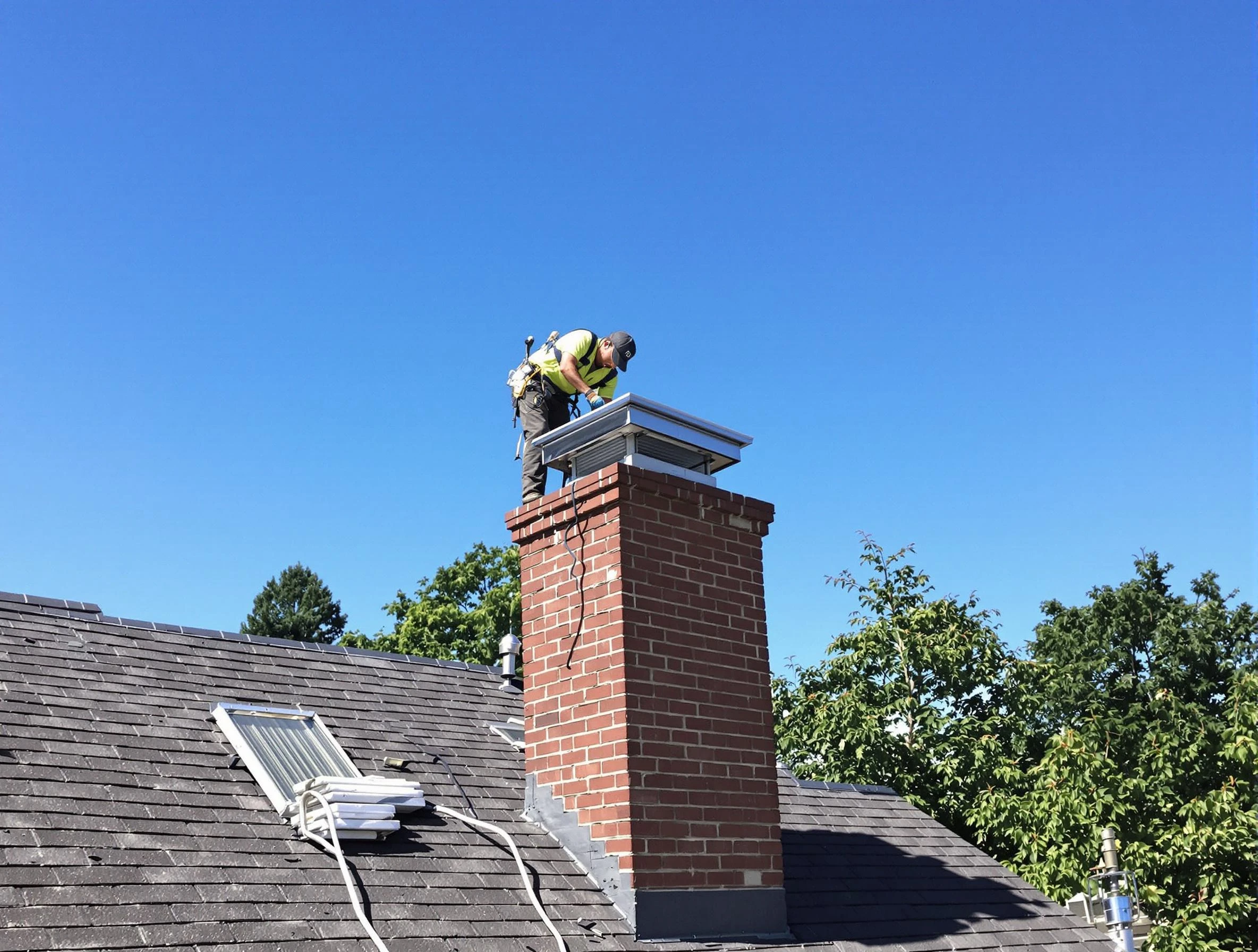 McKeesport Chimney Sweep technician measuring a chimney cap in McKeesport, PA